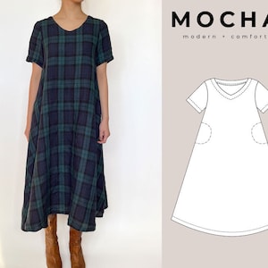 Vestido Mocha Libby com decote em V - Molde em PDF - 4 tipos de papel (A4, Carta EUA, A0, 36" x 48")