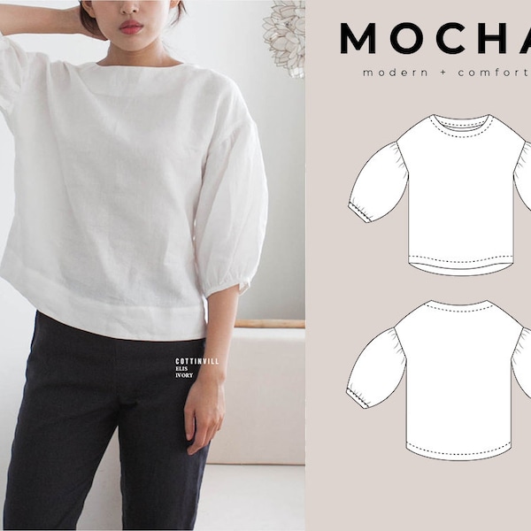 MOCHA Puff Sleeve Blouse PDF Sewing Pattern - Large Paper Printshop File Included