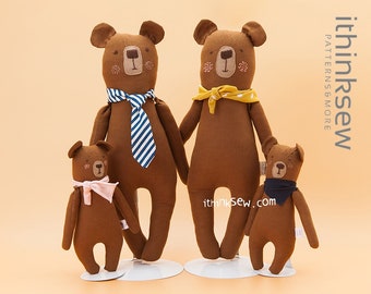 May include: Four brown plush teddy bears with embroidered faces. The largest bear is wearing a blue and white striped tie. The other three bears are wearing colorful scarves. The bears are standing on white bases. The image includes the text "ithinksew.com" and "ithinksew PATTERNS & MORE".