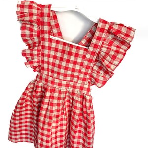 May include: A red and white gingham dress with ruffled sleeves. The dress has a sleeveless bodice and a gathered skirt.