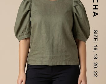 Clay Curvy Fit Puff Sleeve Blouse Sewing Pattern PDF | Plus Size Statement Top Tutorial |  Pleated Shirt | Womens Linen Tunic | A0 A4 Letter