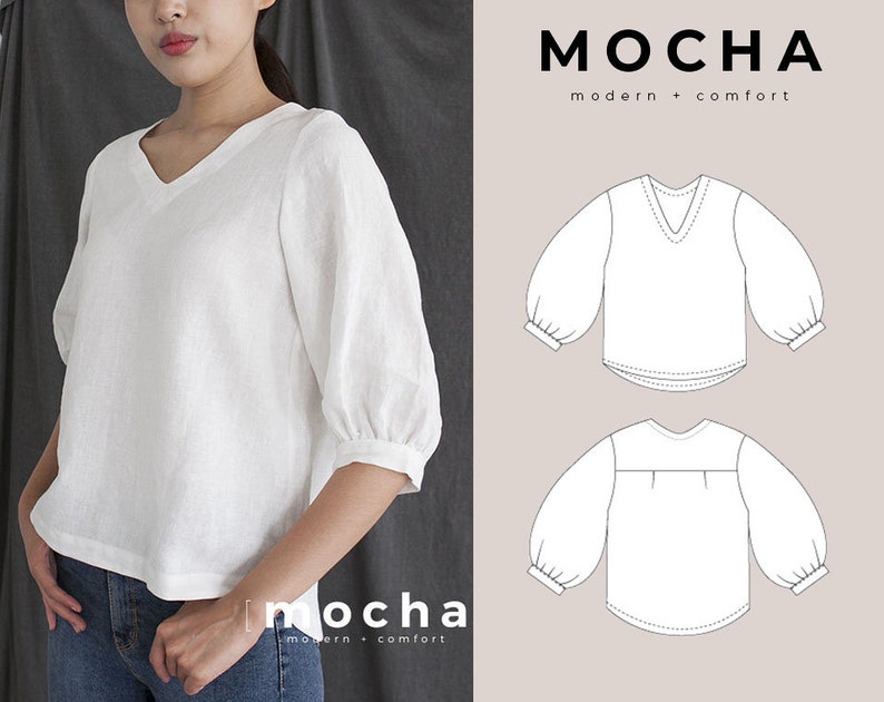 MOCHA Lillie Blouse PDF Sewing Pattern 4 Kinds of PaperA4, US Letter, A0, 36x48 image 1