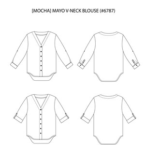 以下が含まれることがあります： Vネックブラウスの線画。長袖とボタンダウンフロントのデザイン。前面と背面からのビューを示し、上部に「[MOCHA] MAYO V-NECK BLOUSE (#6787)」のテキストが表示されています。