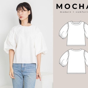 Blusa manga balão MOCHA Elina padrão PDF - 4 tipos de papel (A4, carta dos EUA, A0, 36"x48")