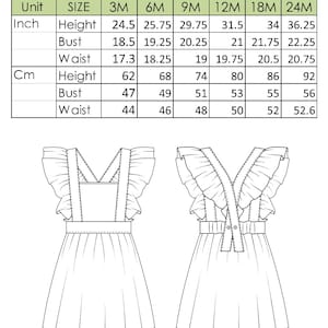 May include: Size chart for a dress with ruffle straps, showing measurements in inches and centimeters for sizes 3M, 6M, 9M, 12M, 18M, and 24M.