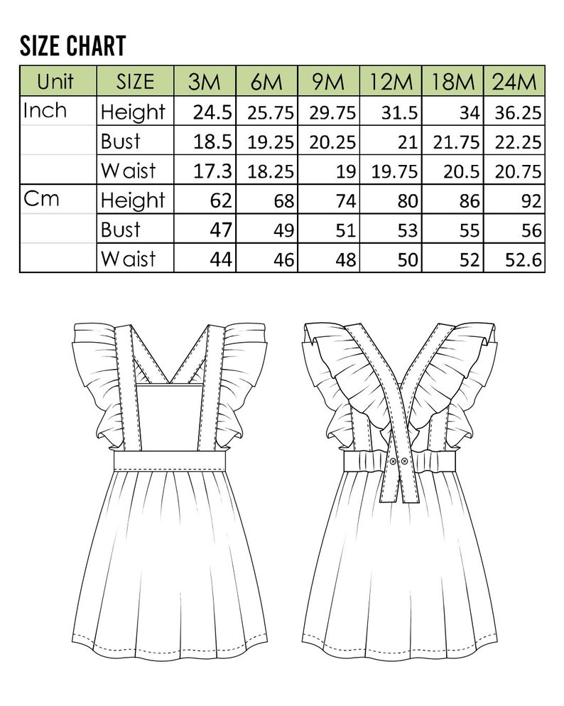 May include: Size chart for a dress with ruffle straps, showing measurements in inches and centimeters for sizes 3M, 6M, 9M, 12M, 18M, and 24M.
