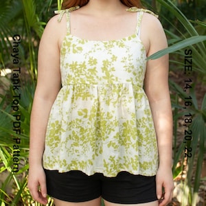 Patrón de costura en PDF para top sin mangas Chaya Curvy / Tutorial para camisola peplum de tallas grandes / Top de verano con tirantes anudados / Tallas 14 a 22 / Ropa de mujer para hacer tú misma