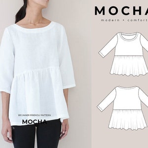 Blusa MOCHA Margie com babados na parte inferior PDF Padrão de costura - 4 tipos de papel (A4, Carta dos EUA, A0, 36"x48")