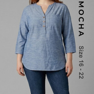 Shirt Sewing Pattern | Curvy Fit Mandarin Collar Tunic | Plus Size Womens Button Down PDF | Casual Everyday Top for Sewists Sizes 16-22