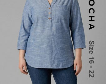 Shirt Sewing Pattern | Curvy Fit Mandarin Collar Tunic | Plus Size Womens Button Down PDF | Casual Everyday Top for Sewists Sizes 16-22