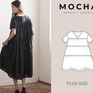 MOCHA Plus Size Lucia Dress Padrão de costura em PDF - 4 tipos de papel (A4, US Letter, A0, 36"x48")