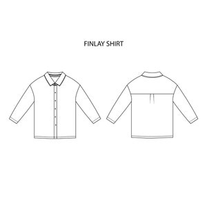 Peut inclure: Un dessin au trait d'une chemise &agrave; manches longues avec un col boutonn&eacute;. La chemise est repr&eacute;sent&eacute;e de face et de dos. Le texte "FINLAY SHIRT" est au-dessus de l'image.