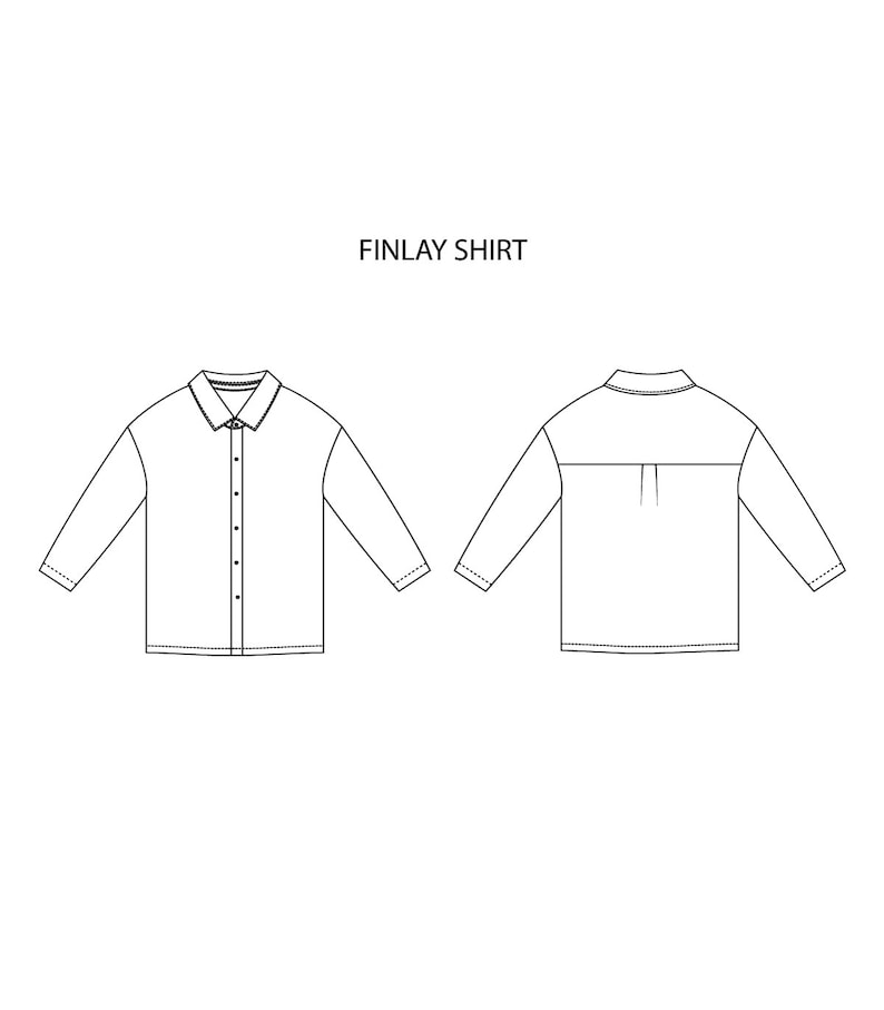 Peut inclure: Un dessin au trait d'une chemise &agrave; manches longues avec un col boutonn&eacute;. La chemise est repr&eacute;sent&eacute;e de face et de dos. Le texte "FINLAY SHIRT" est au-dessus de l'image.