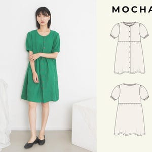 Vestido MOCHA Emile com botões em PDF, padrão de costura com tutorial em vídeo - 4 tipos de papel (A4, US Letter, A0, 36"x48")