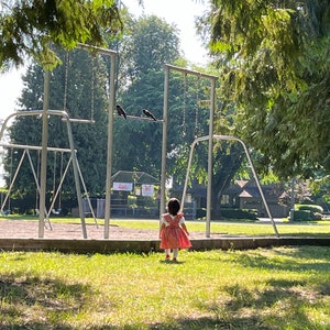 May include: A young child in a red and white gingham dress stands on a grassy field, looking towards a set of swings and a jungle gym. Two black birds are perched on a metal bar in the background.