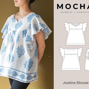 Blusa MOCHA Justina PDF Padrão de costura - 4 tipos de papel (A4, Carta dos EUA, A0, 36"x48")
