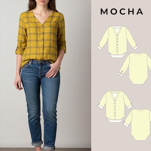 Blusa com decote em V MOCHA Inaya PDF - 4 tipos de papel (A4, Carta dos EUA, A0, 36"x48") (tamanho 4 a 14)