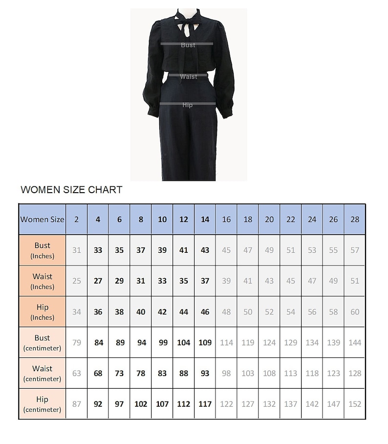 Peut inclure: Tableau des tailles pour femmes avec des mesures en pouces et en centim&egrave;tres pour le buste, la taille et les hanches. Le tableau montre les tailles 2 &agrave; 28.