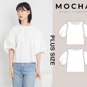 Blusa manga balão MOCHA Elina PDF padrão plus size - 4 tipos de papel (A4, carta dos EUA, A0, 36" x 48")