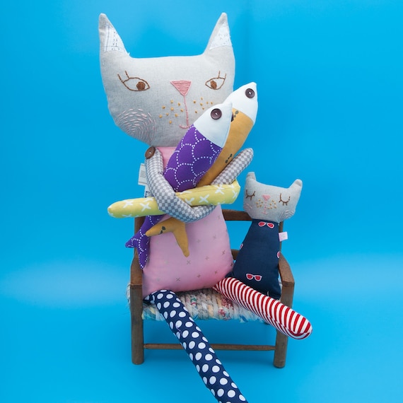 Kitty Cat Ragdoll Sewing Pattern PDF | Stuffed Animal Cloth Doll & Fish | DIY Plush Toy Tutorial | Huggable Soft Toy Pattern for Kids