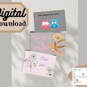 Gufo stampabile ti ama sempre, ti pensa e mi manchi Biglietto d'auguri, tre download istantanei cartoline da 7 pollici x 5 pollici