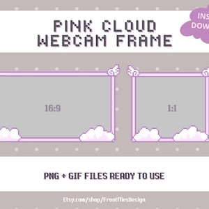 Pode incluir: Moldura de webcam de nuvem rosa com borda roxa e nuvens brancas. A moldura está disponível em duas proporções: 16:9 e 1:1. O texto "PINK CLOUD WEBCAM FRAME" está na parte superior da imagem. O texto "INSTANT DOWNLOAD" está em uma nuvem rosa na parte superior direita da imagem. O texto "PNG + GIF FILES READY TO USE" está na parte inferior da imagem. O texto "Etsy.com/shop/FrootfliesDesign" está na parte inferior da imagem.