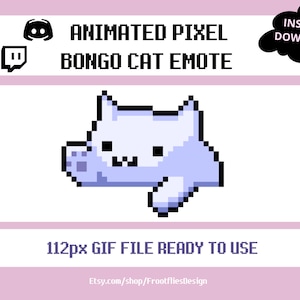 May include: Animated pixel art of a light blue cat with a white face and black eyes. The cat is waving its paw. The text "ANIMATED PIXEL BONGO CAT EMOTE" is above the cat. The text "112px GIF FILE READY TO USE" is below the cat. The text "Etsy.com/shop/FrootfliesDesign" is below the text about the GIF file.