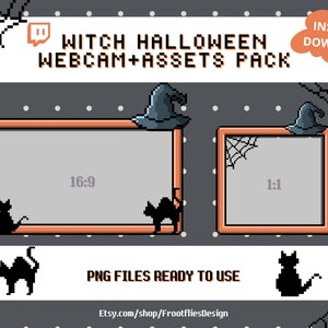 May include: A digital illustration of a witch Halloween webcam and assets pack. The pack includes two frames, one in 16:9 aspect ratio and the other in 1:1 aspect ratio. Both frames have a witch's hat on top and a black cat on each side. The pack also includes a black cat illustration. The text "WITCH HALLOWEEN WEBCAM+ASSETS PACK" is at the top of the image. The text "INSTANT DOWNLOAD" is in a speech bubble at the top right of the image. The text "PNG FILES READY TO USE" is at the bottom of the image. The text "Etsy.com/shop/FrootfliesDesign" is at the bottom of the image.