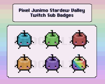 May include: Six pixel art Junimo characters from the video game Stardew Valley. Each Junimo is holding a different colored apple. The Junimos are wearing a light pink blush and have small black eyes. The text "Pixel Junimo Stardew Valley Twitch Sub Badges" is at the top of the image.