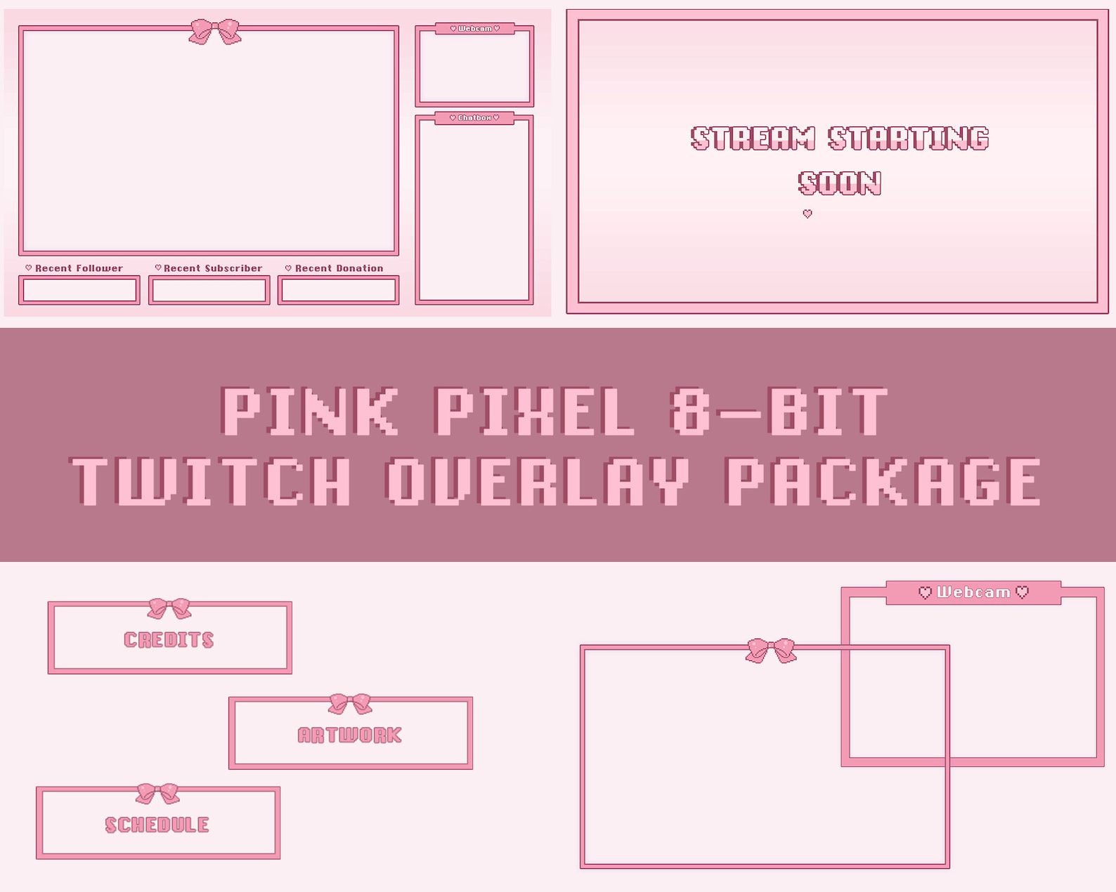 Twitch Stream Overlay Package | Kawaii Pastel Pink Hearts and Bow E ...