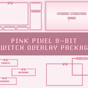 Twitch Stream Overlay Package | Kawaii Pastel Pink Hearts and Bow E-Girl Cute Theme Pixel 8-Bit with Animated Full Screens