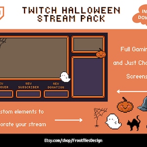 Könnte beinhalten: Ein digitales Twitch-Stream-Paket zum Thema Halloween mit pixeligen Grafiken. Das Design zeigt eine braune und violette Oberfläche mit Spinnennetz, Geist und Kürbis. Der Text enthält "Twitch Halloween Stream Pack" und "Sofort-Download."
