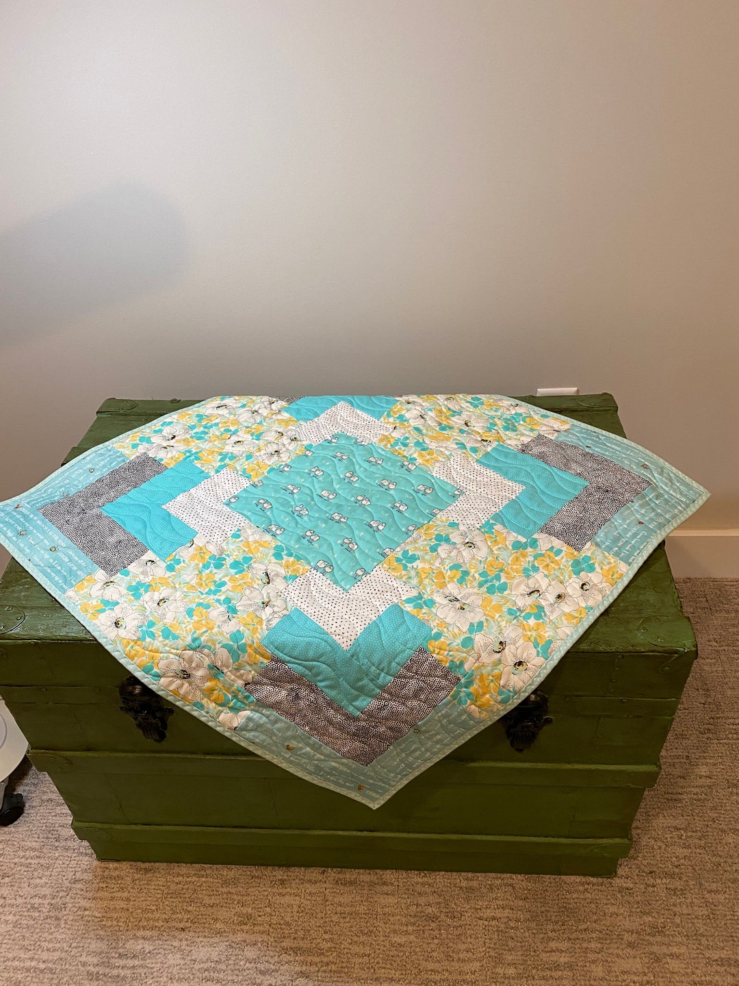 Baby quilt boy or girl teal and yellow sheep Etsy Italia