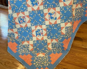 Twin quilt - blue & orange floral handmade