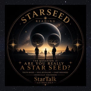 Op de afbeelding: Een cirkelvormig grafisch ontwerp met de tekst STARSEED READING en ARE YOU REALLY A STAR SEED? met drie silhouetten op een donker landschap onder twee grote hemellichamen en een gloeiende horizon, gelabeld StarTalk ASTROLOGY.