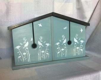 Repurposed Wood Stenciled Blue Double Yarn Box