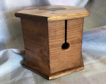 Six-Sided Repurposed Wood Yarn Box with Sheep Inlay