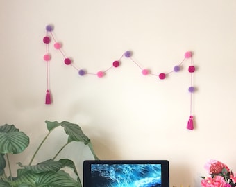 Pom Pom Garland in Shades of Pink (pink and lilac yarn) - Handmade UK