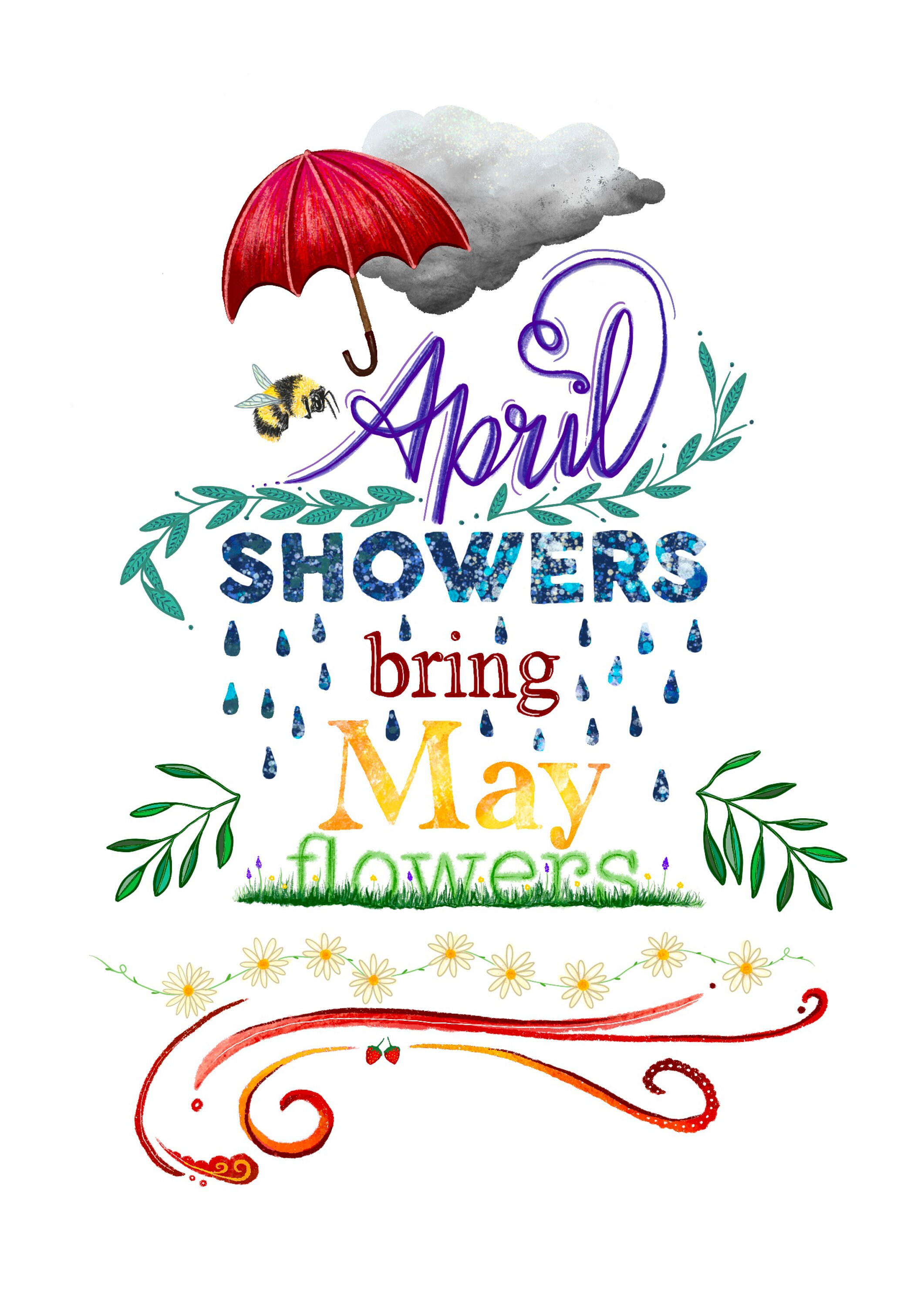 Rainbow Illustration Quote Print April Showers Bring May Etsy