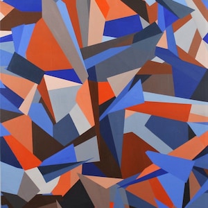 May include: Abstract geometric painting with a complex arrangement of angular shapes. The artwork features a palette of blues, oranges, browns, and grays. The composition is dynamic, with shapes overlapping and intersecting to create a sense of depth and movement.