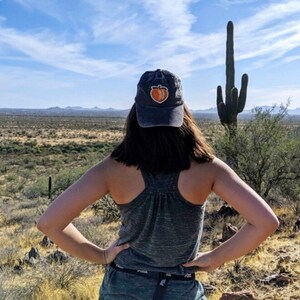 Hand-stitched Embroidered Peach Emoji Patch on Denim Baseball Hat