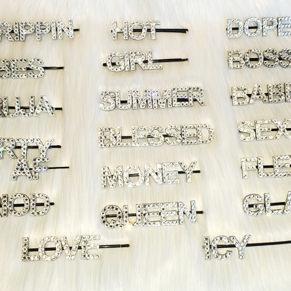 Custom Handmade Crystal Word Hair Pin, Hair Clip, Barrette - Choose Any Word/Phrase/Name up to 7 characters per pin - High Shine - Silver