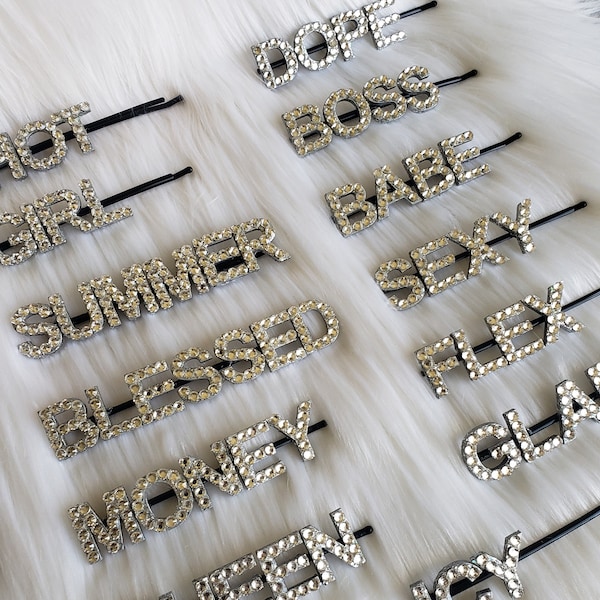 Custom Handmade Glass Crystal Word Hair Pin, Hair  Barrette - Choose Any Word/Phrase/Name up to 7 characters per pin - High Shine -Silver