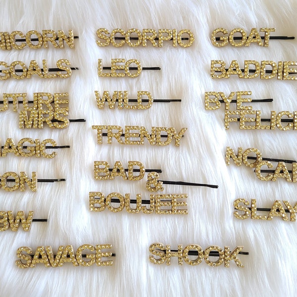 Custom Handmade Glass Crystal Word Hair Pin, Hair Clip Barrette - Choose Any Word/Phrase/Name up to 7 characters per pin - High Shine - Gold