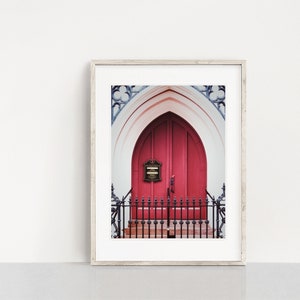 Huguenot Church, Charleston SC Print, Travel Wall Art, Gothic Revival Pink Door, Historic Doorways
