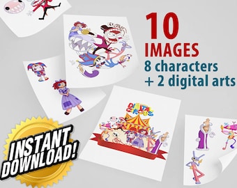 The Amazing Digital Circus 10 PNG Bundle - Instant Download, 8 Characters + 2 Amazing Digital Arts, Hand drawing style, Circus Theme Decor