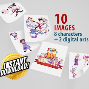 Pacote The Amazing Digital Circus com 10 PNGs - Download instantâneo, 8 personagens + 2 artes digitais incríveis, estilo de desenho à mão, decoração com tema de circo