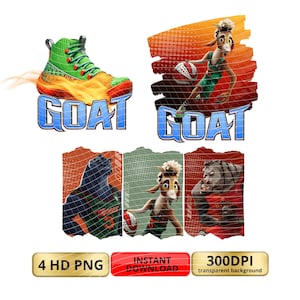 May include: A graphic design featuring a green and orange basketball shoe with the word "GOAT" in blue. The image also includes cartoon animal characters playing basketball, with the word "GOAT" below each.