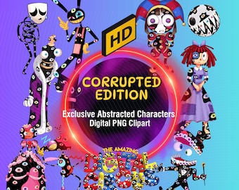 Digital Circus PNG Clipart Bundle, Corrupted Abstracted Characters, Glitch Effect Sublimation Designs, Pomni Jax Caine SVG, Digital Download