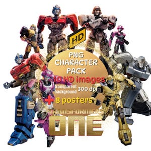 Puede incluir: Un paquete de descarga digital de 10 imágenes de alta definición y 8 pósters con personajes de Transformers. Las imágenes son de 300 dpi y tienen un fondo transparente. Los personajes están en varias poses e incluyen Optimus Prime, Bumblebee y Megatron.